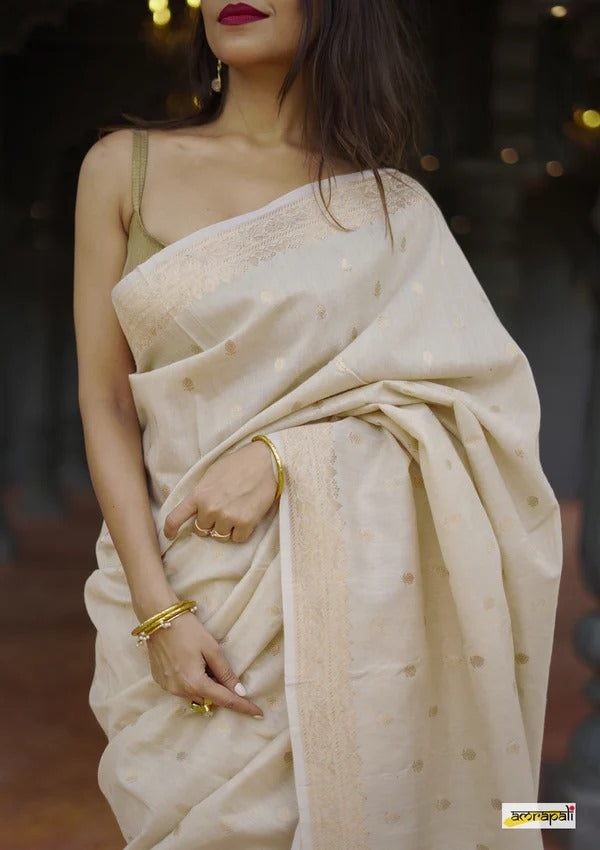 Elegant Banarasi Silk Saree with Gold Zari Embellishments Cream