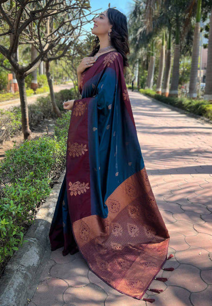 Stunning Blue Lichi Silk Saree with Blouse Peace