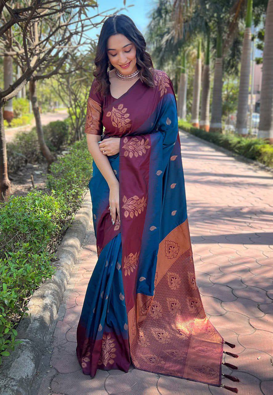 Stunning Blue Lichi Silk Saree with Blouse Peace