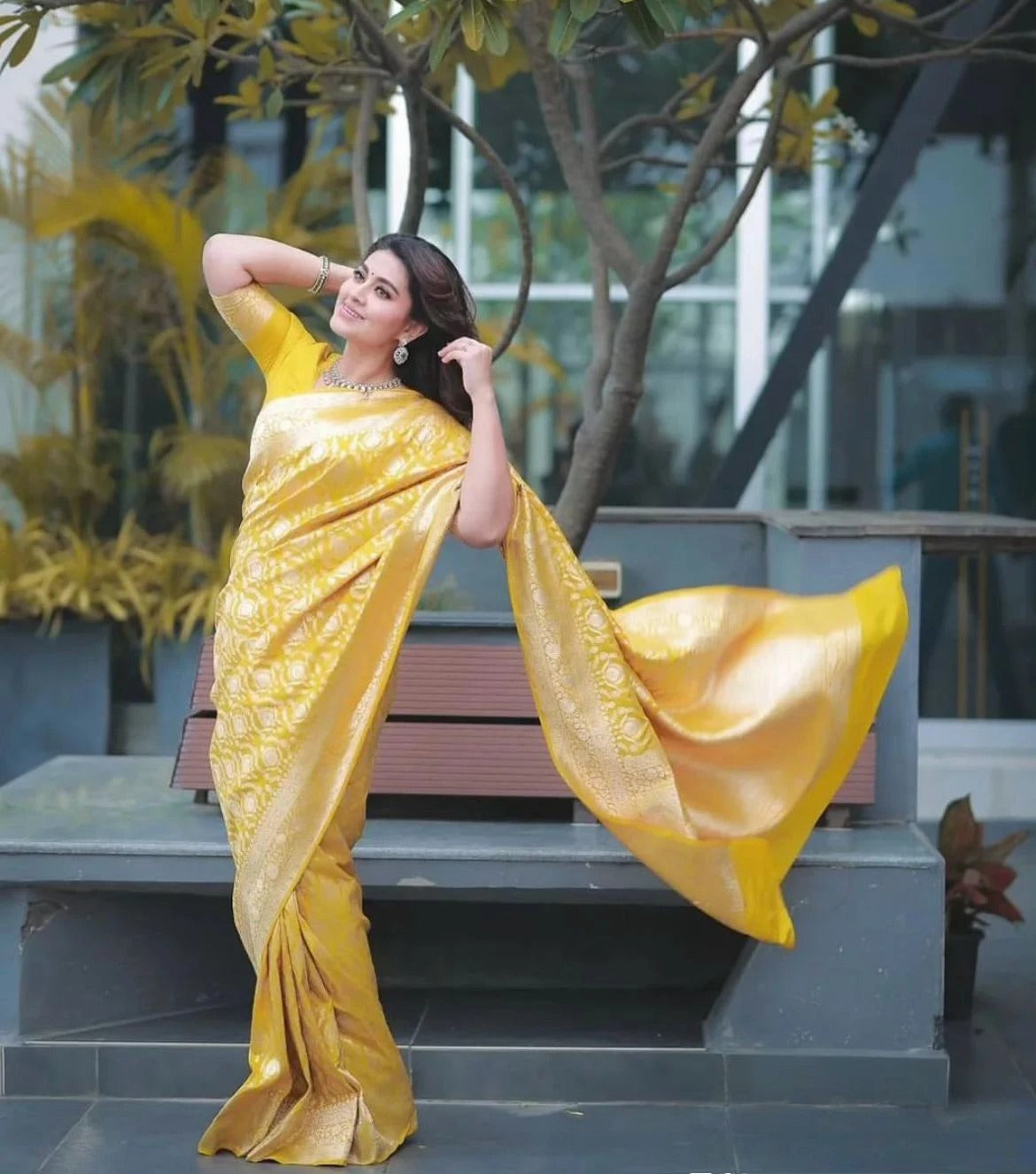 Stunning Yellow Soft Silk Saree With Resonant Blouse Piece