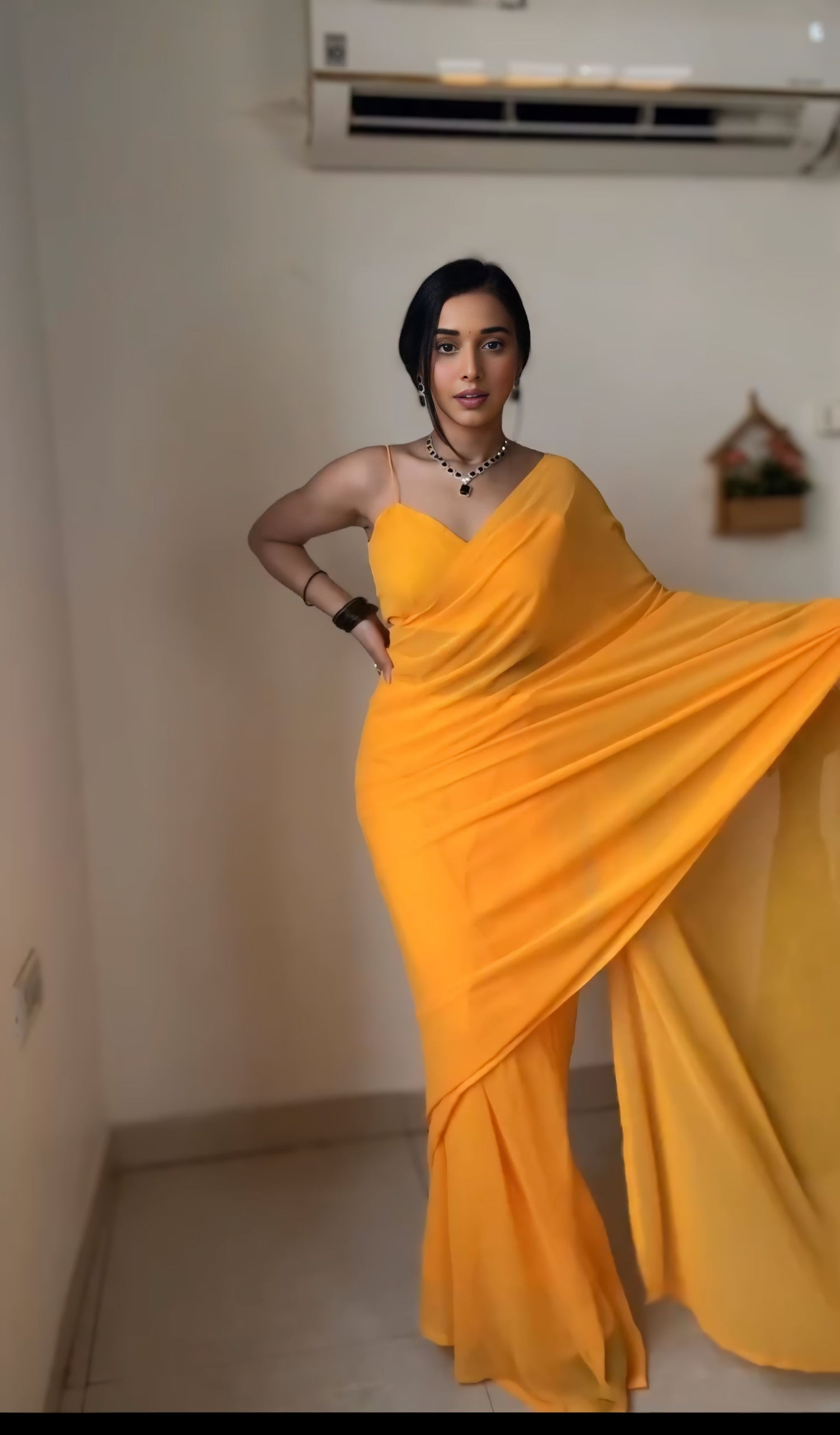 Gorgeous 1 Minute Ready to Wear Yellow Georgette Saree