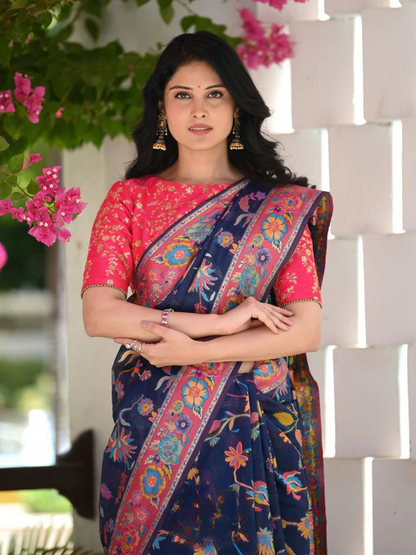 Printed Banarasi Silk Saree with Heavy Zari Brocade Navy Blue