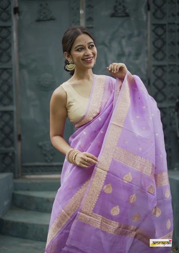 Elegant Banarasi Silk Saree with Gold Zari Embellishments Light Purple