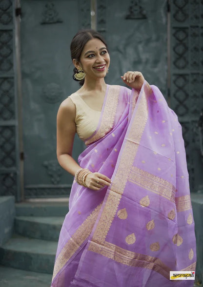 Elegant Banarasi Silk Saree with Gold Zari Embellishments Light Purple
