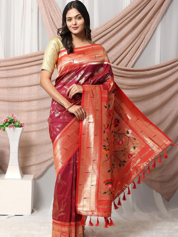 Authentic Banarasi Saree in Soft Silk Fabric Weaving Red Saree
