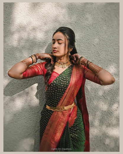 Vintage Green Soft Silk Saree with Ethnic Blouse Piece