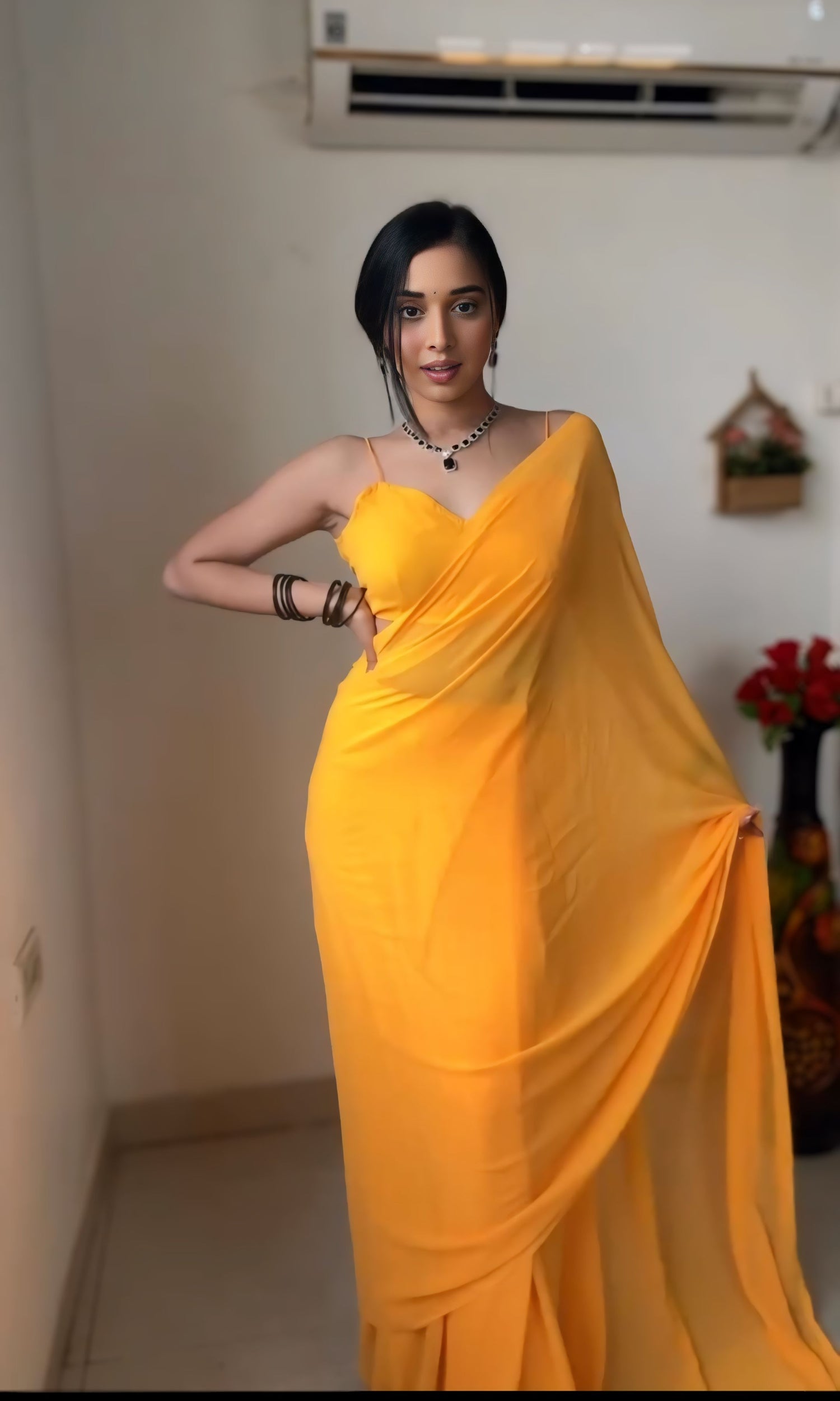 Gorgeous 1 Minute Ready to Wear Yellow Georgette Saree
