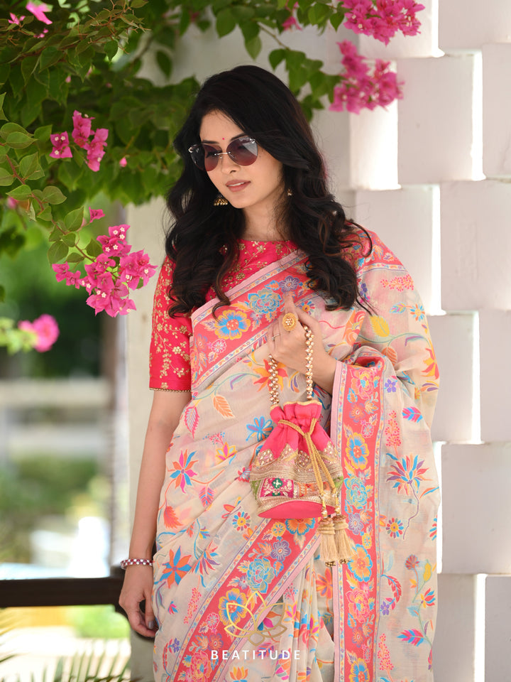 Printed Banarasi Silk Saree with Heavy Zari Brocade White