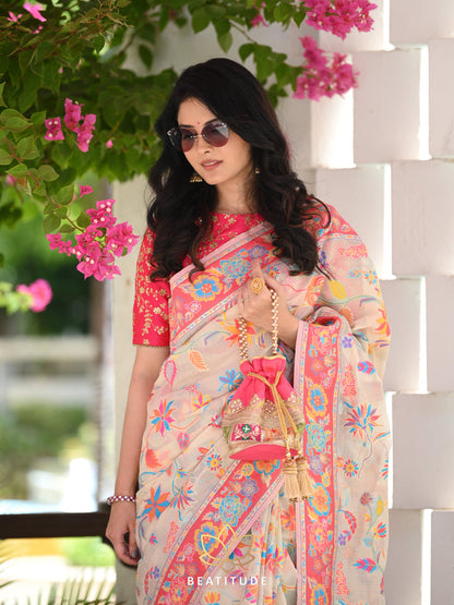 Printed Banarasi Silk Saree with Heavy Zari Brocade White