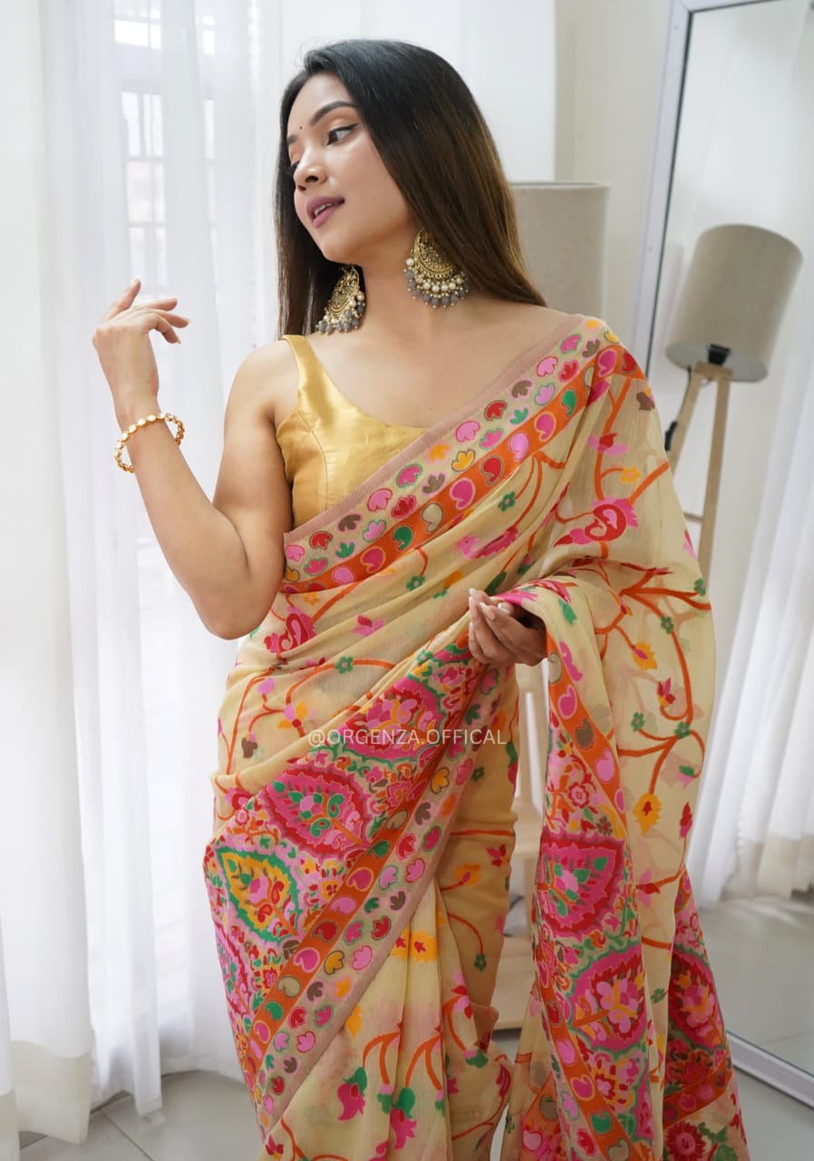 Banarasi Silk Saree Printed– Rich Fabric, Royal Look Light Yellow