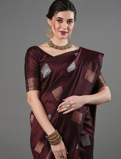 Ethnic Banarasi Saree – Handwoven Soft Silk Fabric Wine Saree