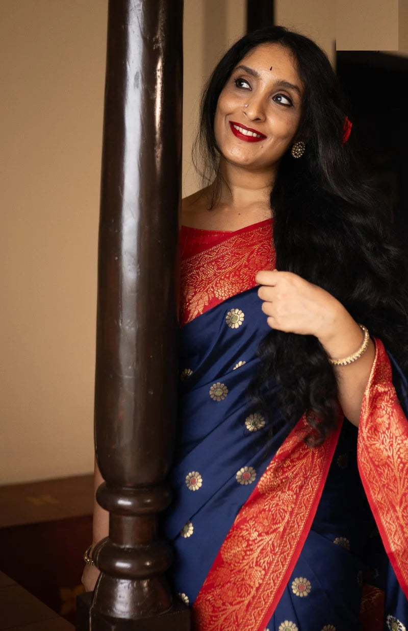 Stylist Red and Blue Soft Silk Saree with Ethnic Blouse Piece
