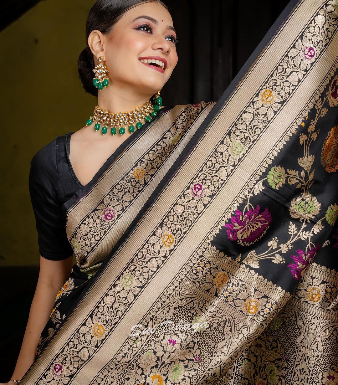 Vibrant Black and Golden Soft Silk Saree with Ethnic Blouse Piece
