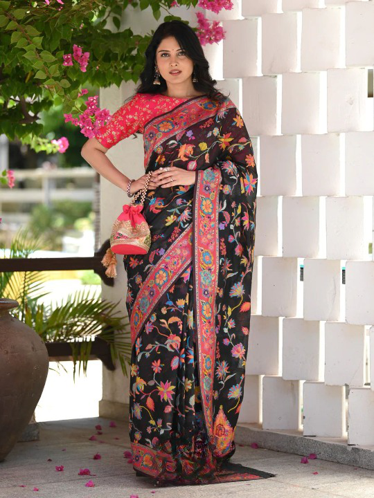 Printed Banarasi Silk Saree with Heavy Zari Brocade Black