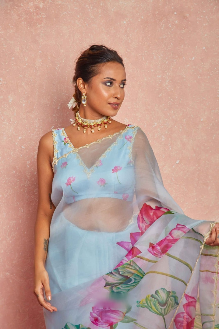 Stylist  1 Minute Ready to Wear Sky Blue Floral Georgette Saree