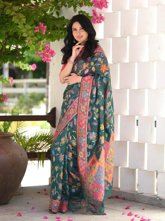 Printed Banarasi Silk Saree with Heavy Zari Brocade Green