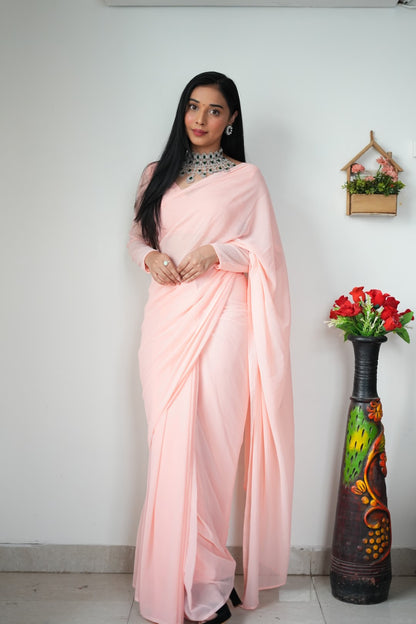 Gorgeous 1 Minute Ready to Wear Peach Georgette Saree