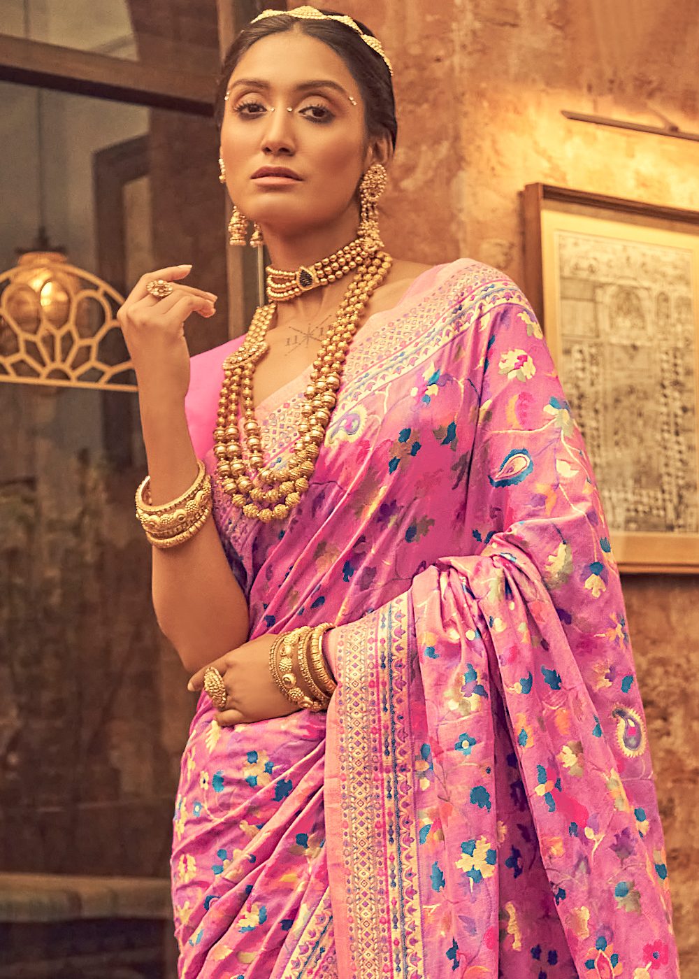 Pure Silk Banarasi Saree with Exquisite Zari Weaving Pink saree