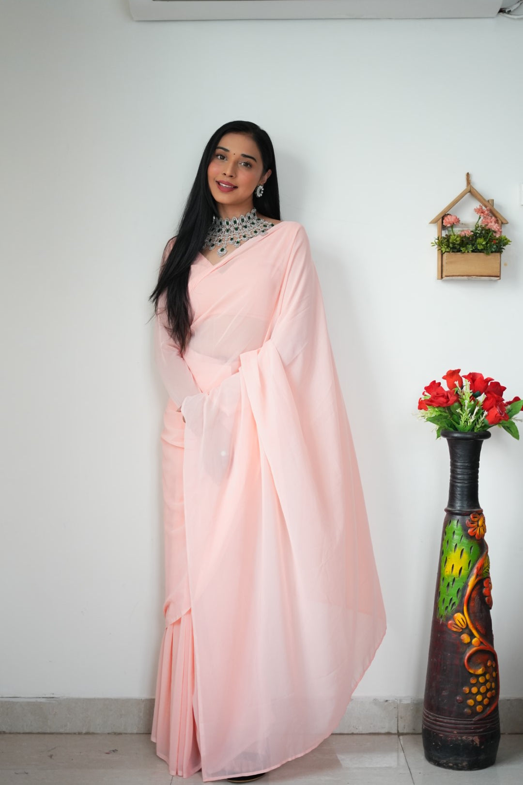 Gorgeous 1 Minute Ready to Wear Peach Georgette Saree