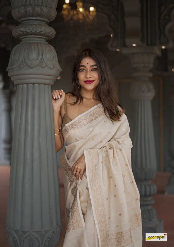 Elegant Banarasi Silk Saree with Gold Zari Embellishments Cream