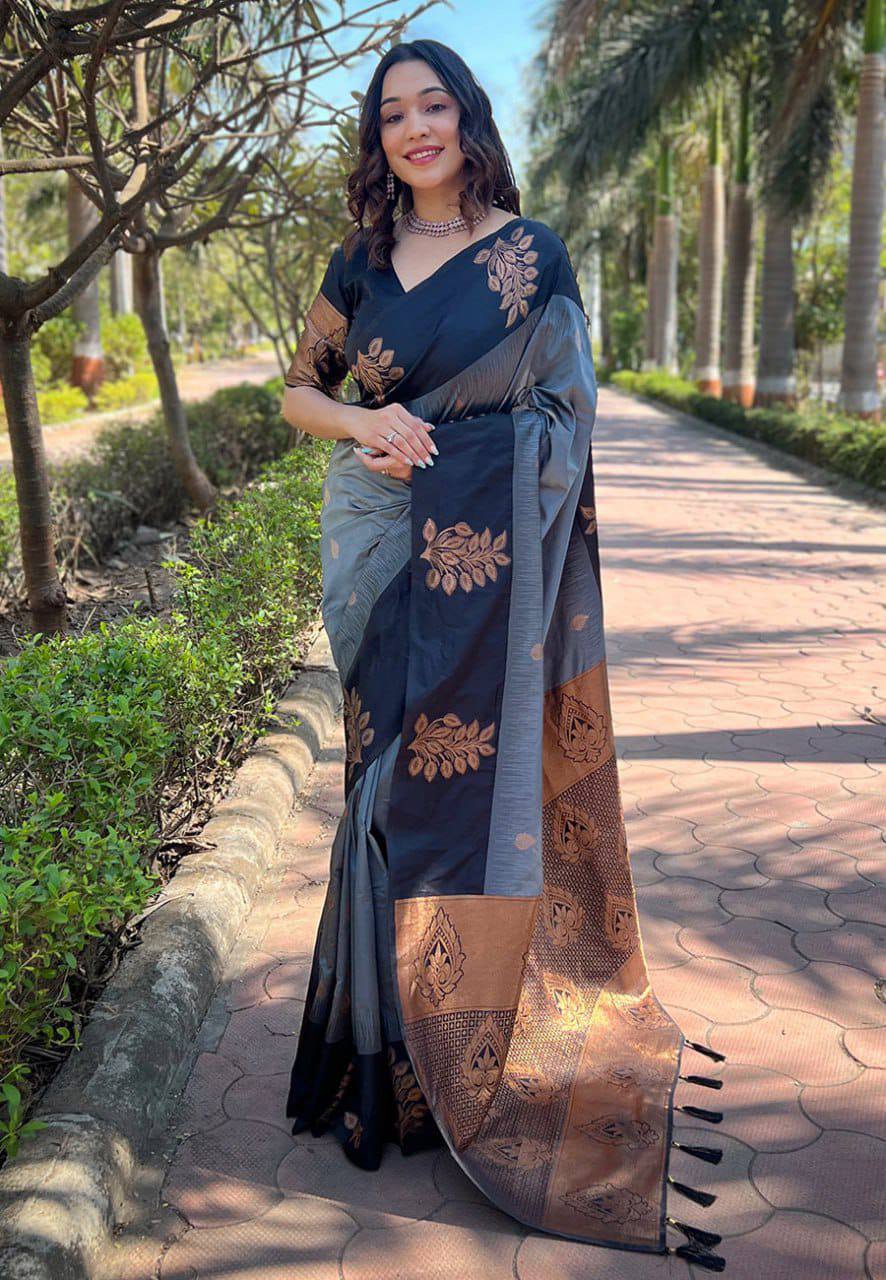 Stunning Grey Lichi Silk Saree with Blouse Peace