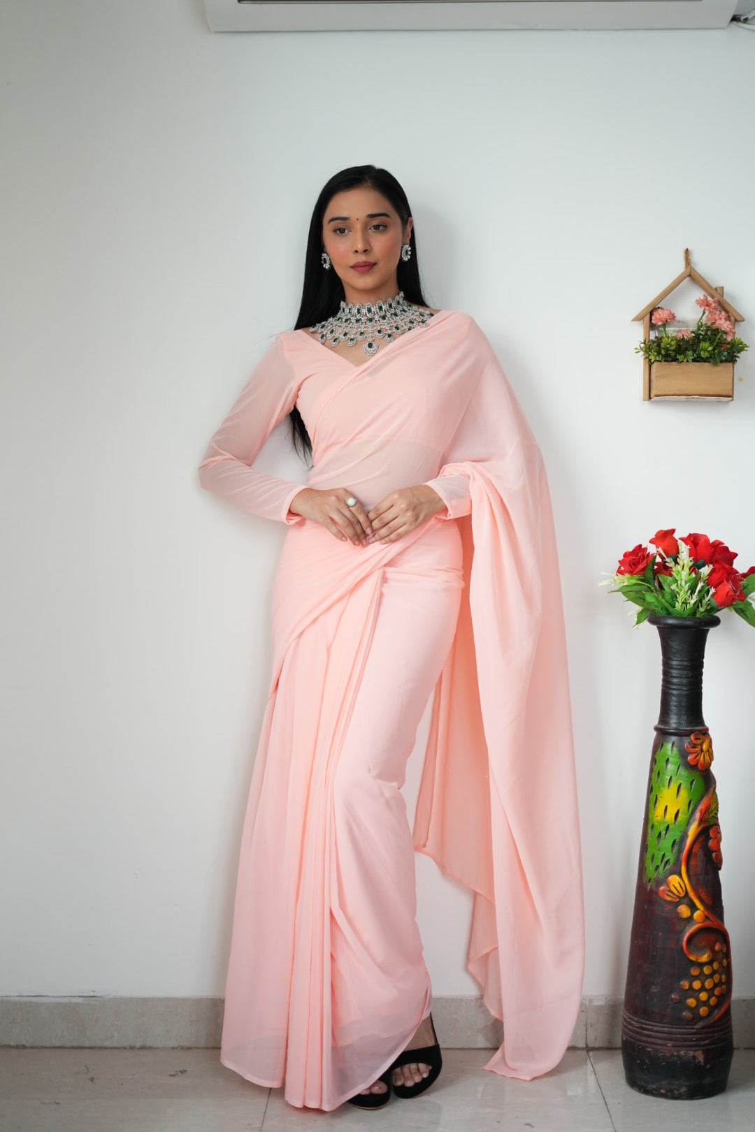 Gorgeous 1 Minute Ready to Wear Peach Georgette Saree
