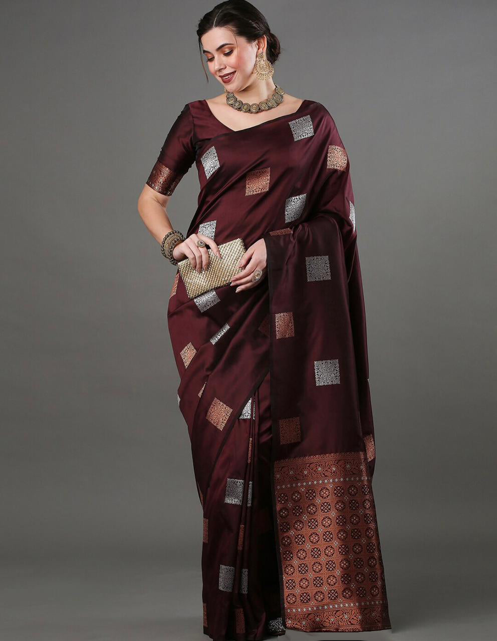 Ethnic Banarasi Saree – Handwoven Soft Silk Fabric Wine Saree