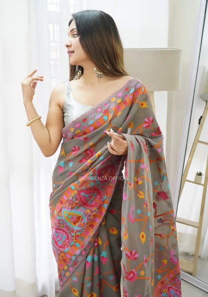 Banarasi Silk Saree Printed– Rich Fabric, Royal Look Grey