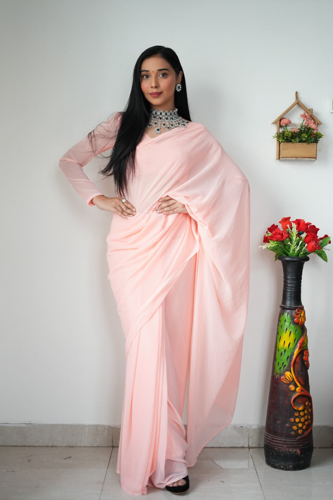 Gorgeous 1 Minute Ready to Wear Peach Georgette Saree