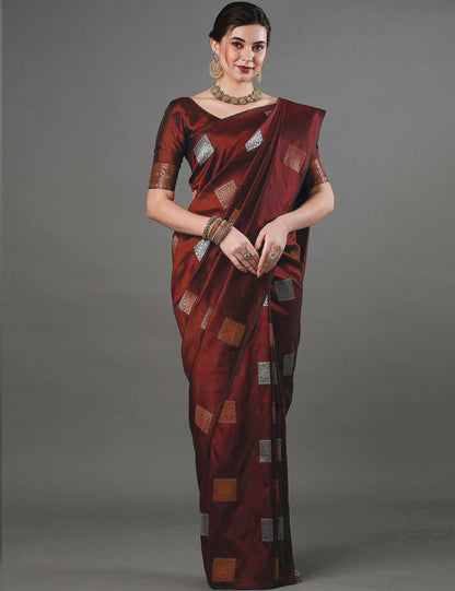 Ethnic Banarasi Saree – Handwoven Soft Silk Fabric Marron Saree