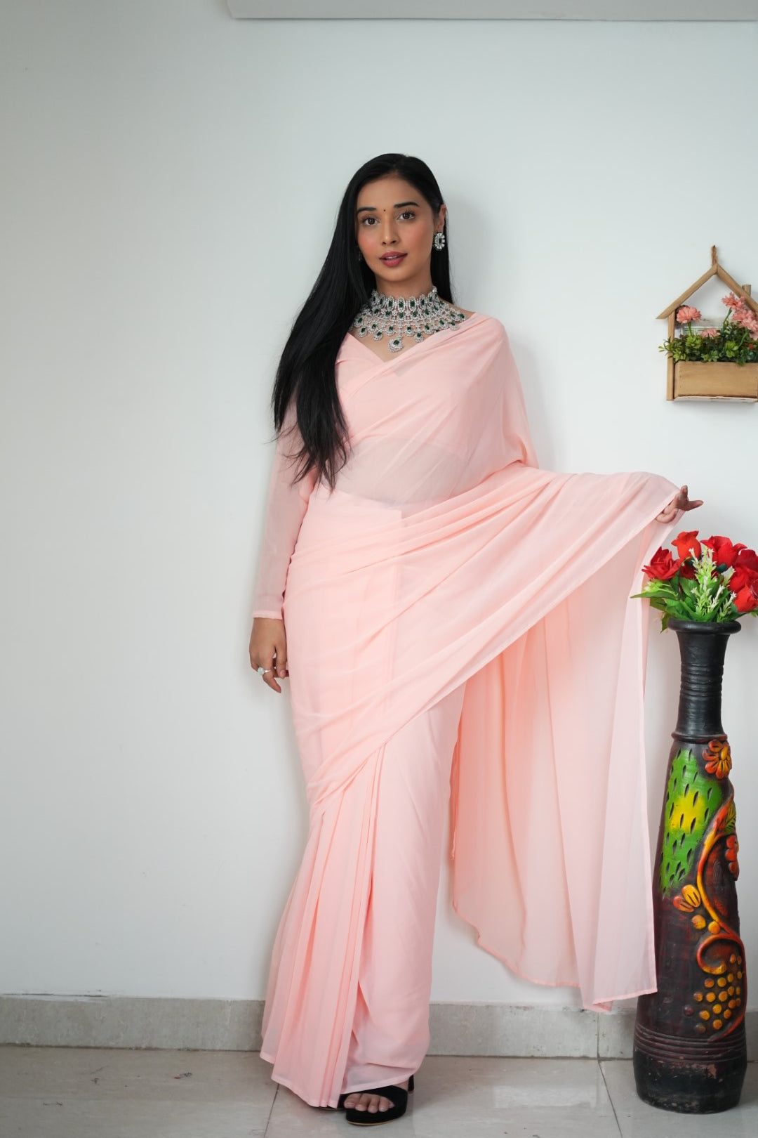 Gorgeous 1 Minute Ready to Wear Peach Georgette Saree
