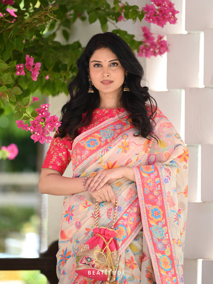 Printed Banarasi Silk Saree with Heavy Zari Brocade White