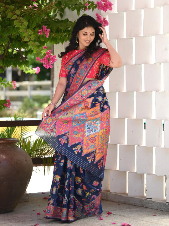 Printed Banarasi Silk Saree with Heavy Zari Brocade Navy Blue