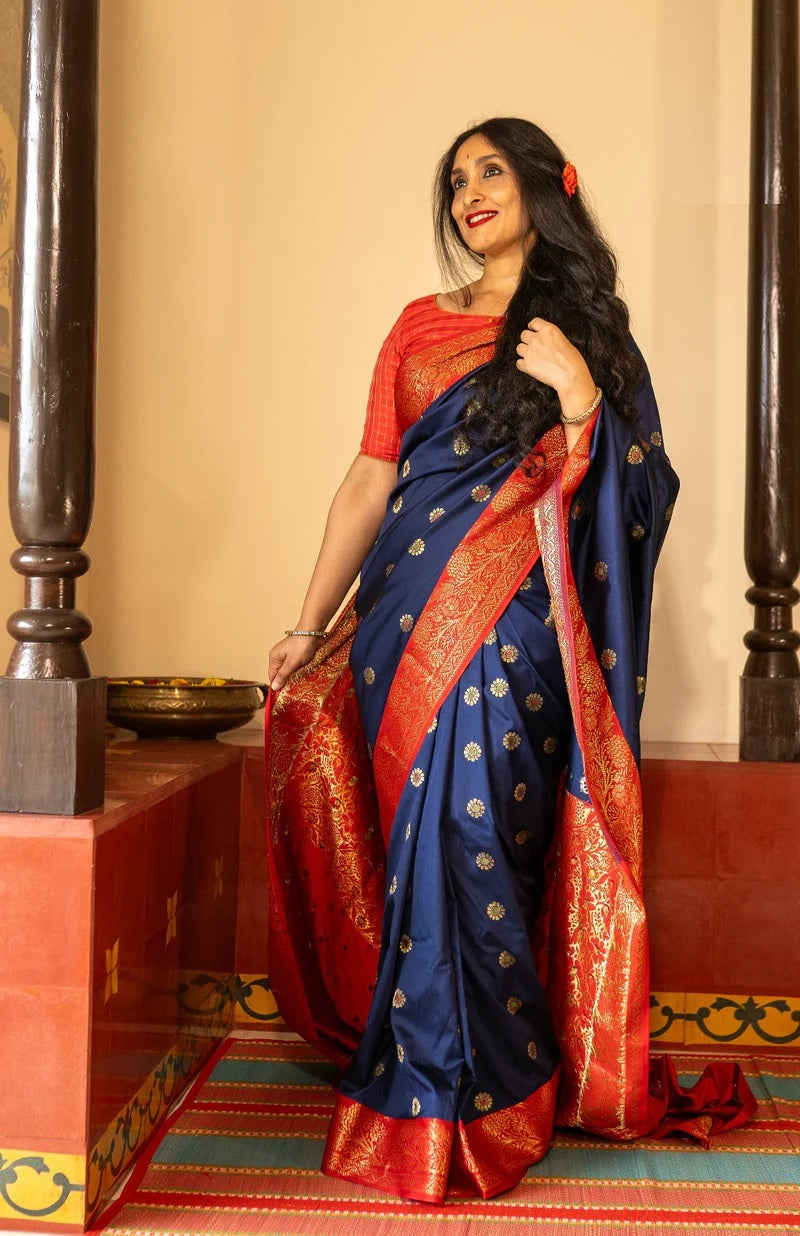 Stylist Red and Blue Soft Silk Saree with Ethnic Blouse Piece
