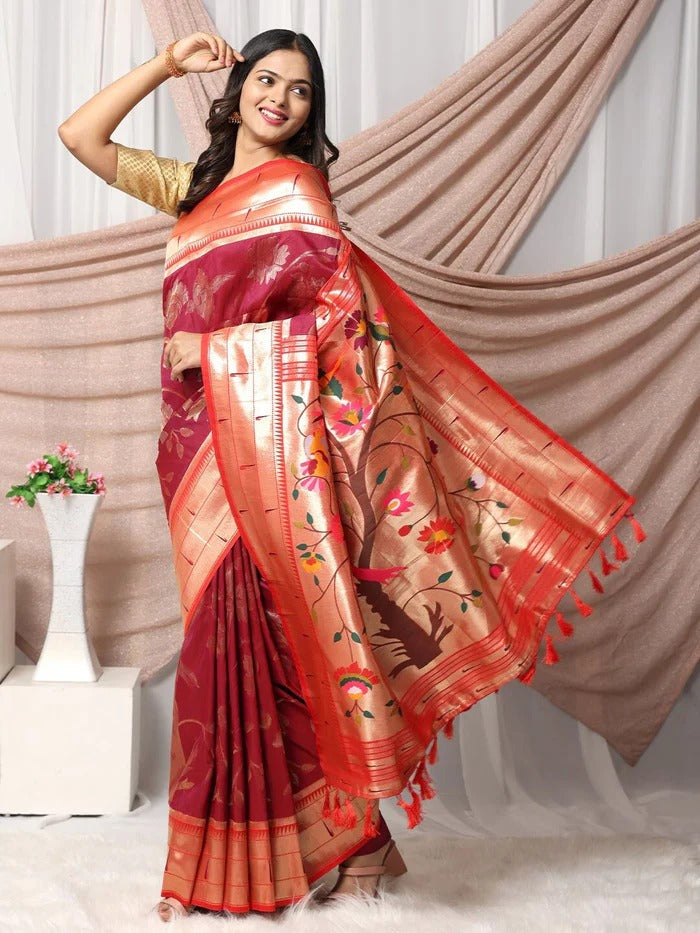 Authentic Banarasi Saree in Soft Silk Fabric Weaving Red Saree