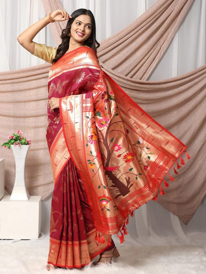 Authentic Banarasi Saree in Soft Silk Fabric Weaving Red Saree