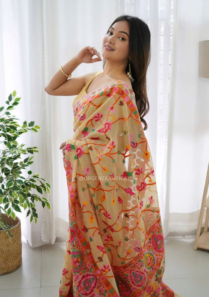 Banarasi Silk Saree Printed– Rich Fabric, Royal Look Light Yellow