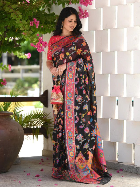 Printed Banarasi Silk Saree with Heavy Zari Brocade Black