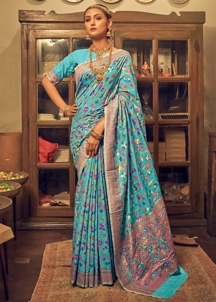 Pure Silk Banarasi Saree with Exquisite Zari Weaving Firozi
