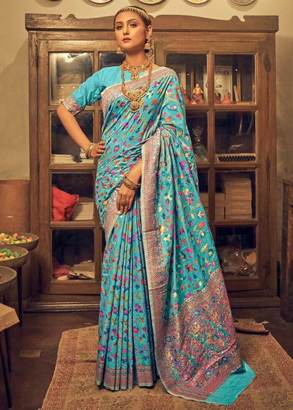 Pure Silk Banarasi Saree with Exquisite Zari Weaving Firozi