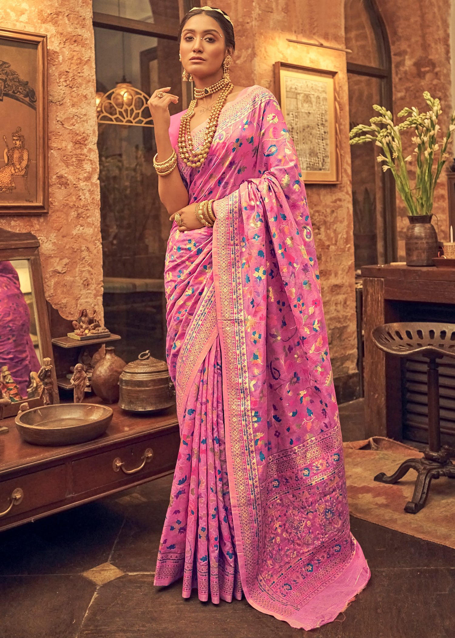 Pure Silk Banarasi Saree with Exquisite Zari Weaving Pink saree
