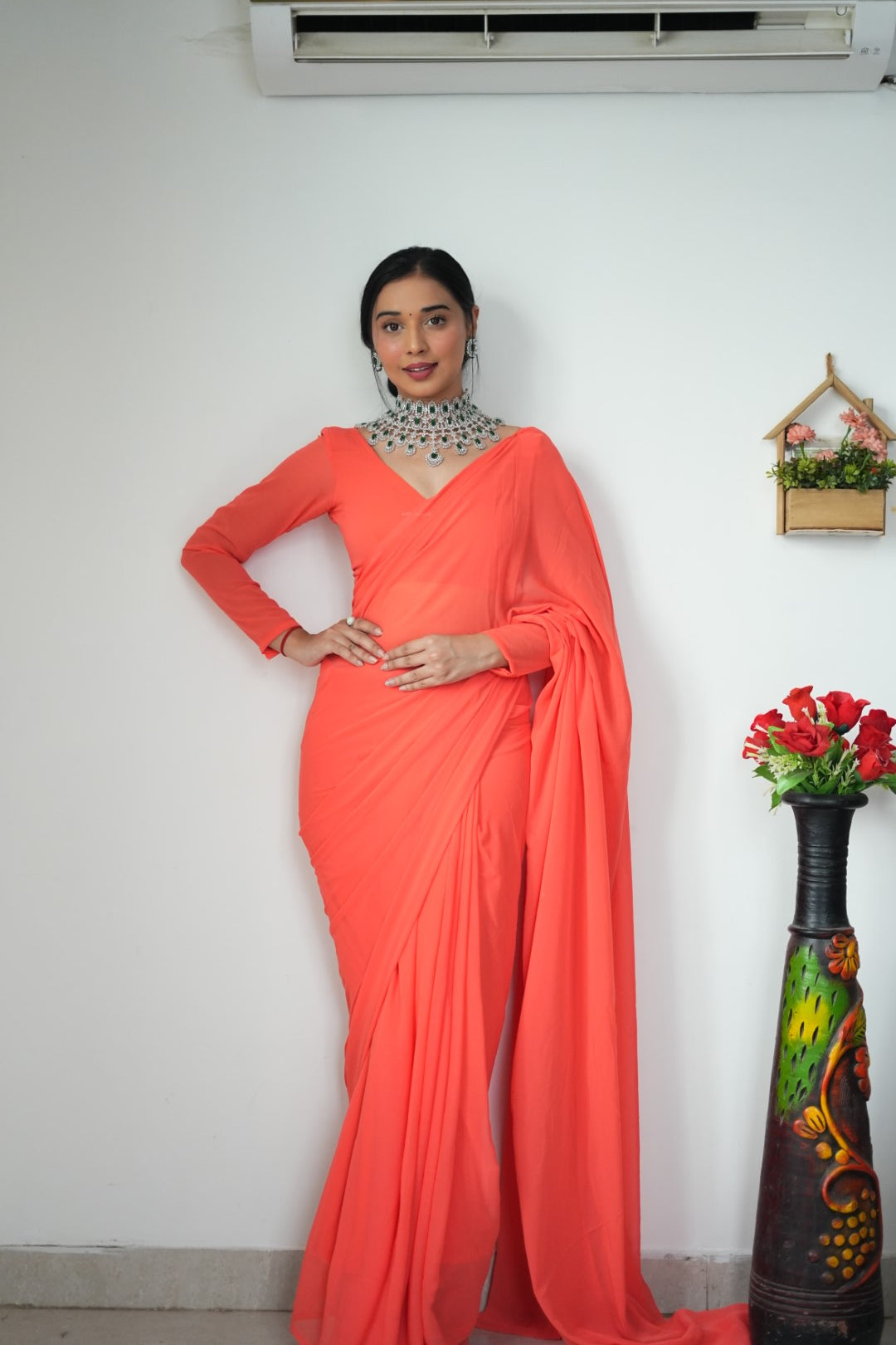 Gorgeous 1 Minute Ready to Wear Orange Georgette Saree