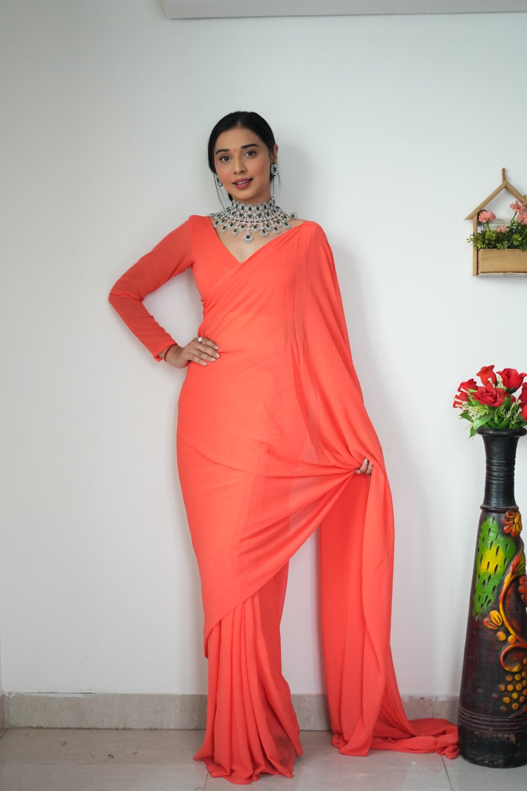 Gorgeous 1 Minute Ready to Wear Orange Georgette Saree