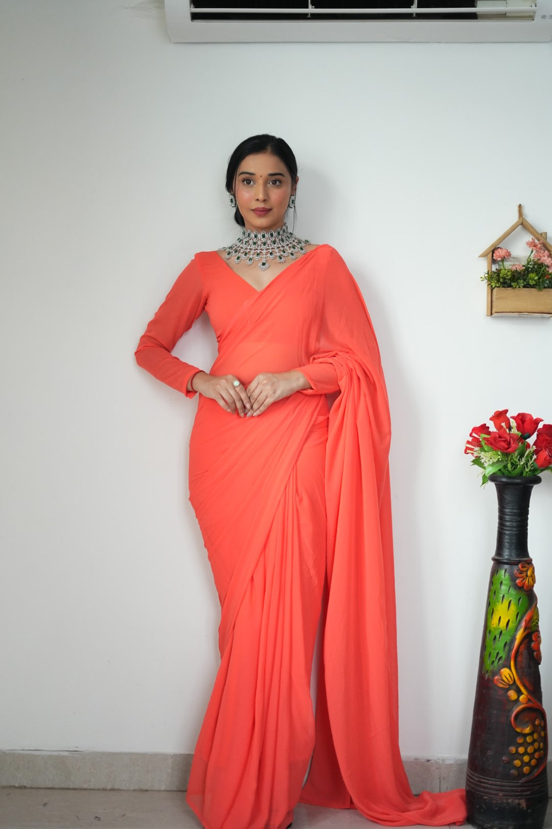 Gorgeous 1 Minute Ready to Wear Orange Georgette Saree