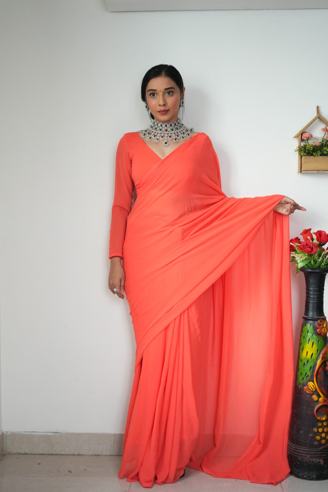 Gorgeous 1 Minute Ready to Wear Orange Georgette Saree