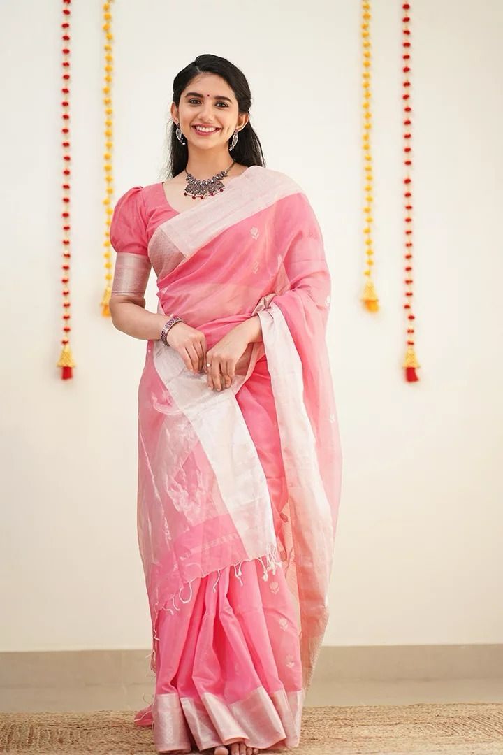 Artisanal Peach Lichi Silk Saree with Blouse Peace