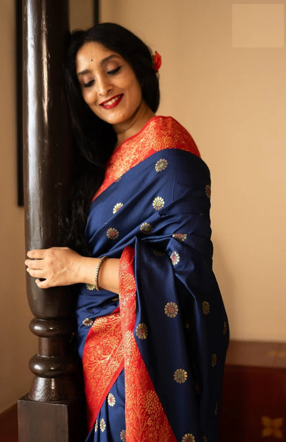 Stylist Red and Blue Soft Silk Saree with Ethnic Blouse Piece