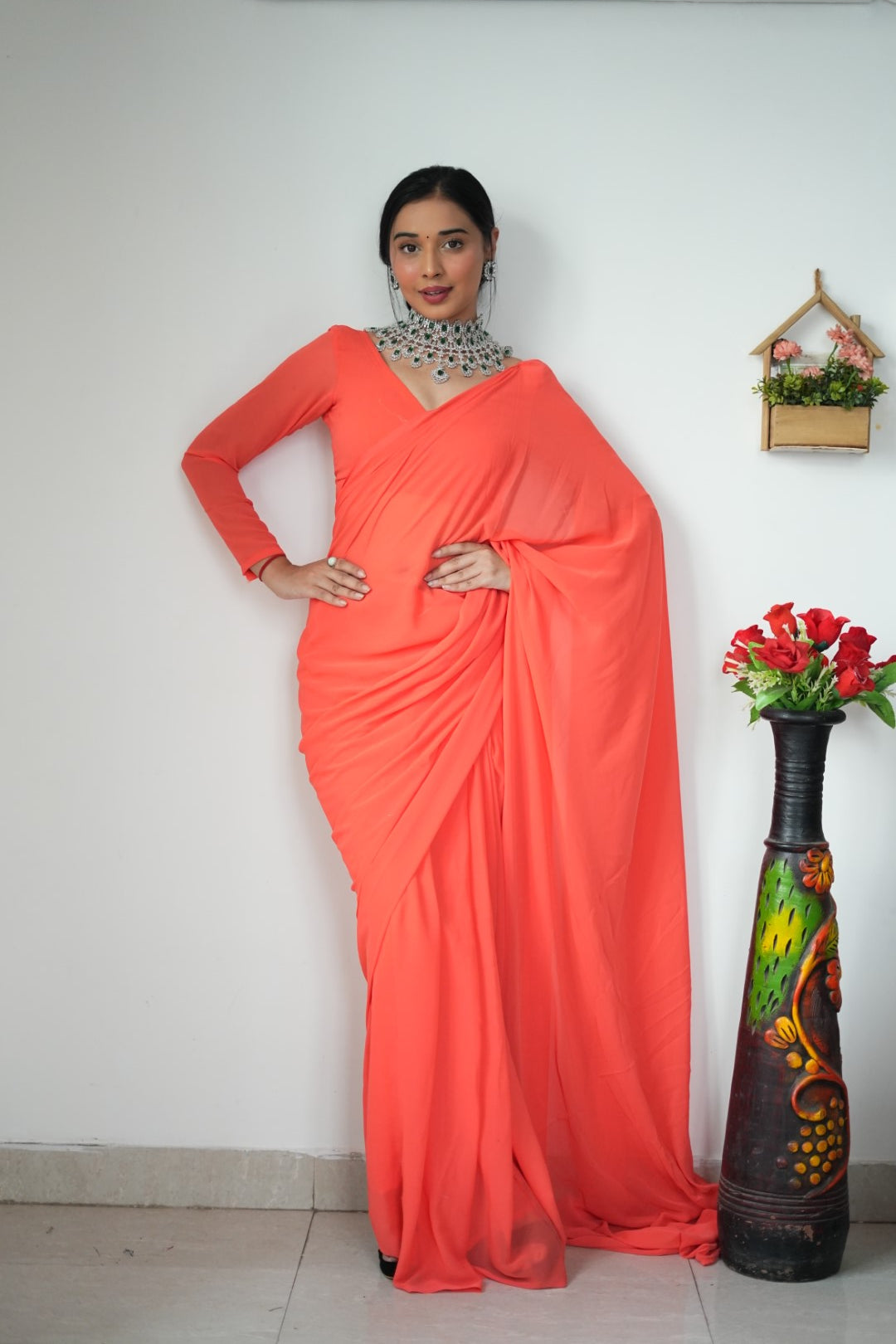 Gorgeous 1 Minute Ready to Wear Orange Georgette Saree