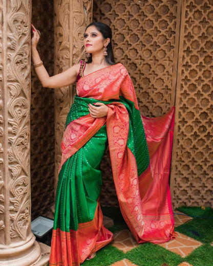Precious Dark Green Soft Banarasi Silk Saree With Ideal Blouse Piece