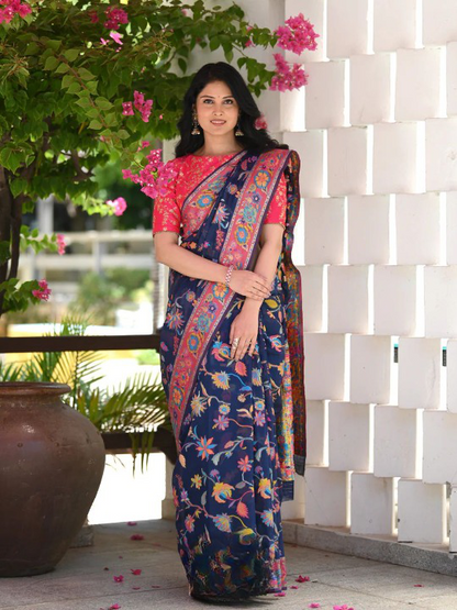 Printed Banarasi Silk Saree with Heavy Zari Brocade Navy Blue